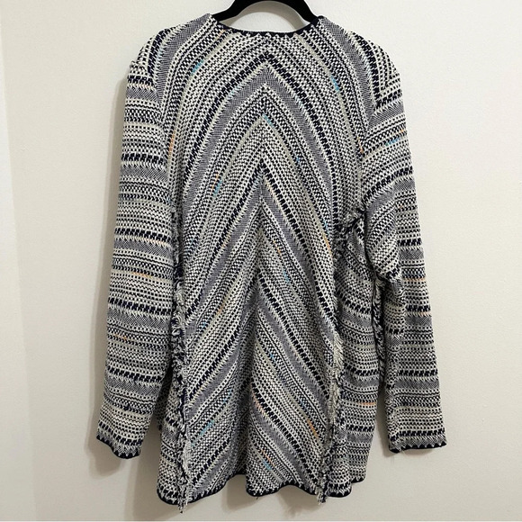 Woven Blanket Open Front Pottery Cardigan boho large cream blue cotton relaxed - Picture 4 of 10